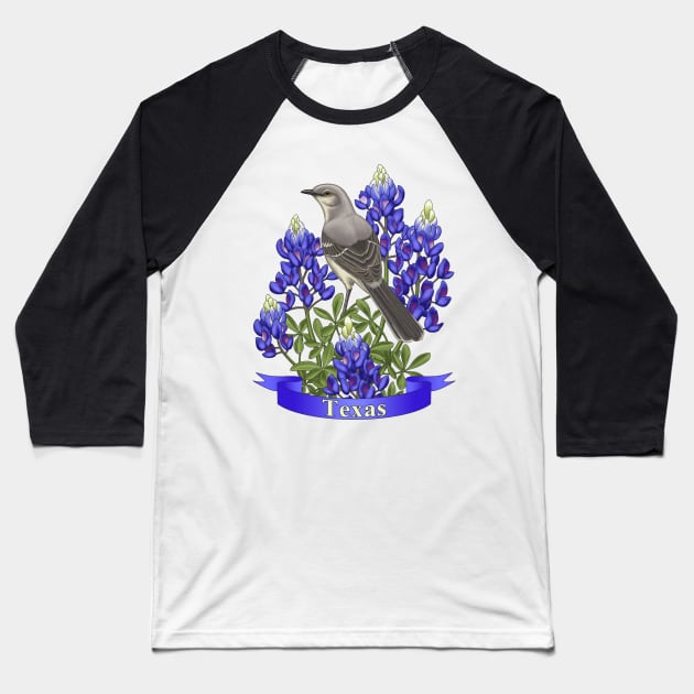 Texas State Mockingbird and Bluebonnet Flower Baseball T-Shirt by csforest